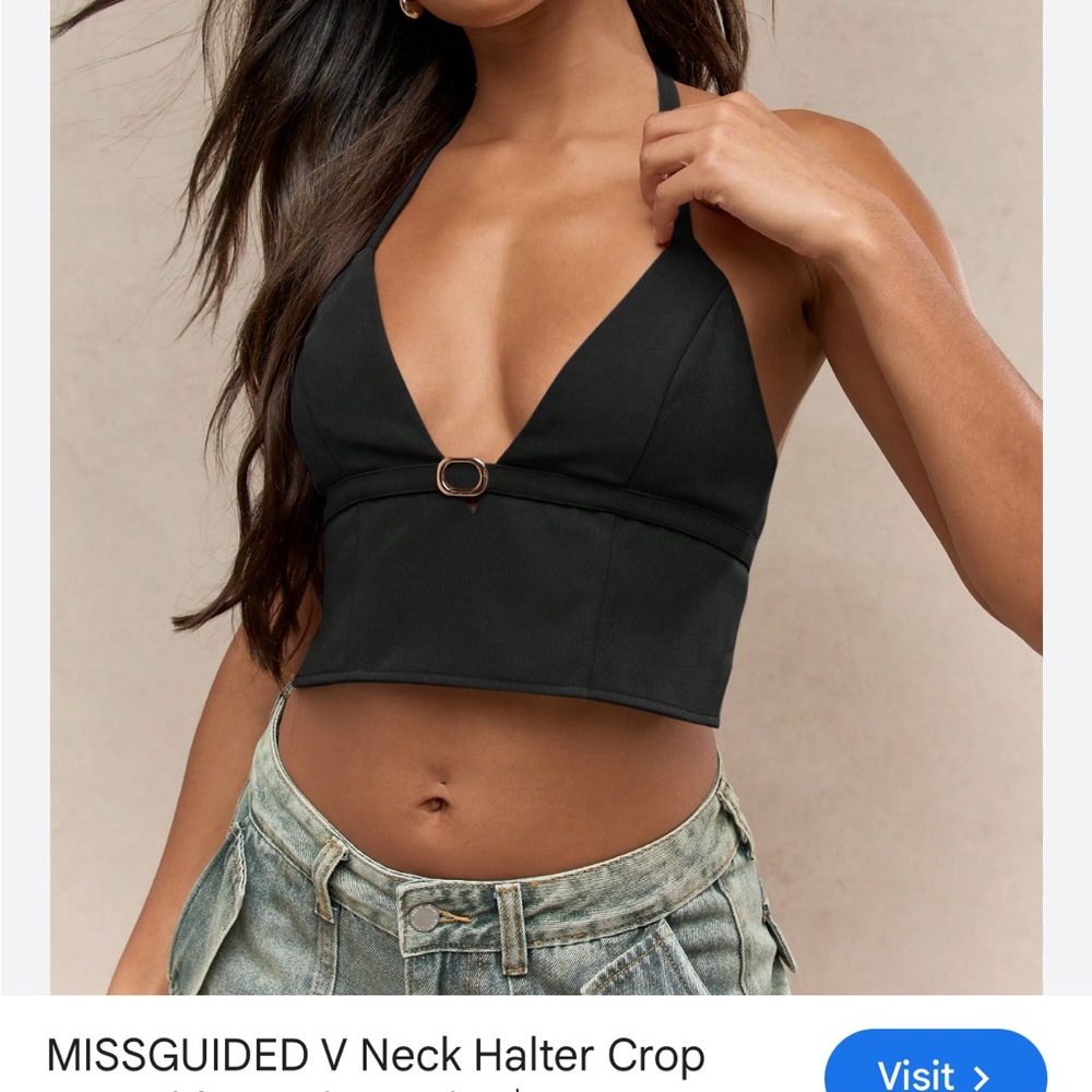 Missguided Black V-Neck Halter Crop Top with Center Ring